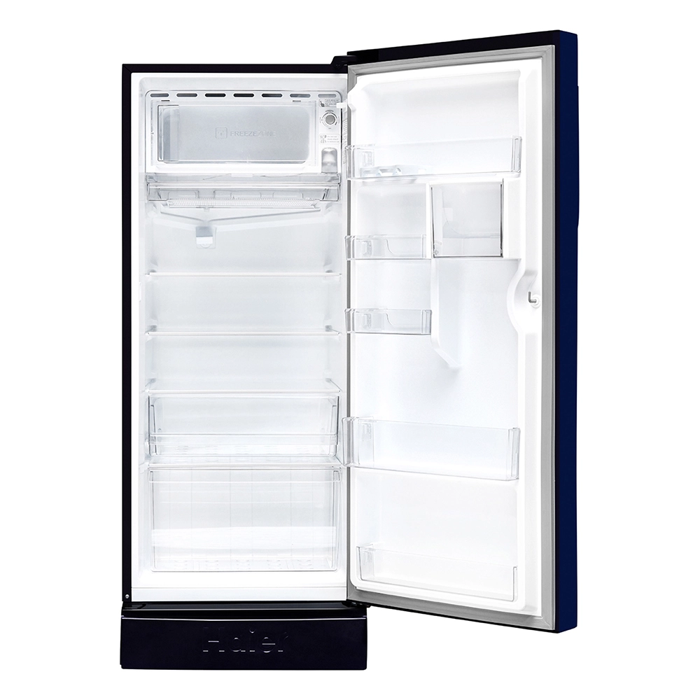 Haier 215L 5 Star Inverter Technology Direct Cool Single Door Refrigerator with Toughened Glass Shelf Base Drawer comes in Glossy Marine Dahelia Finish HRD-2355PMD-P